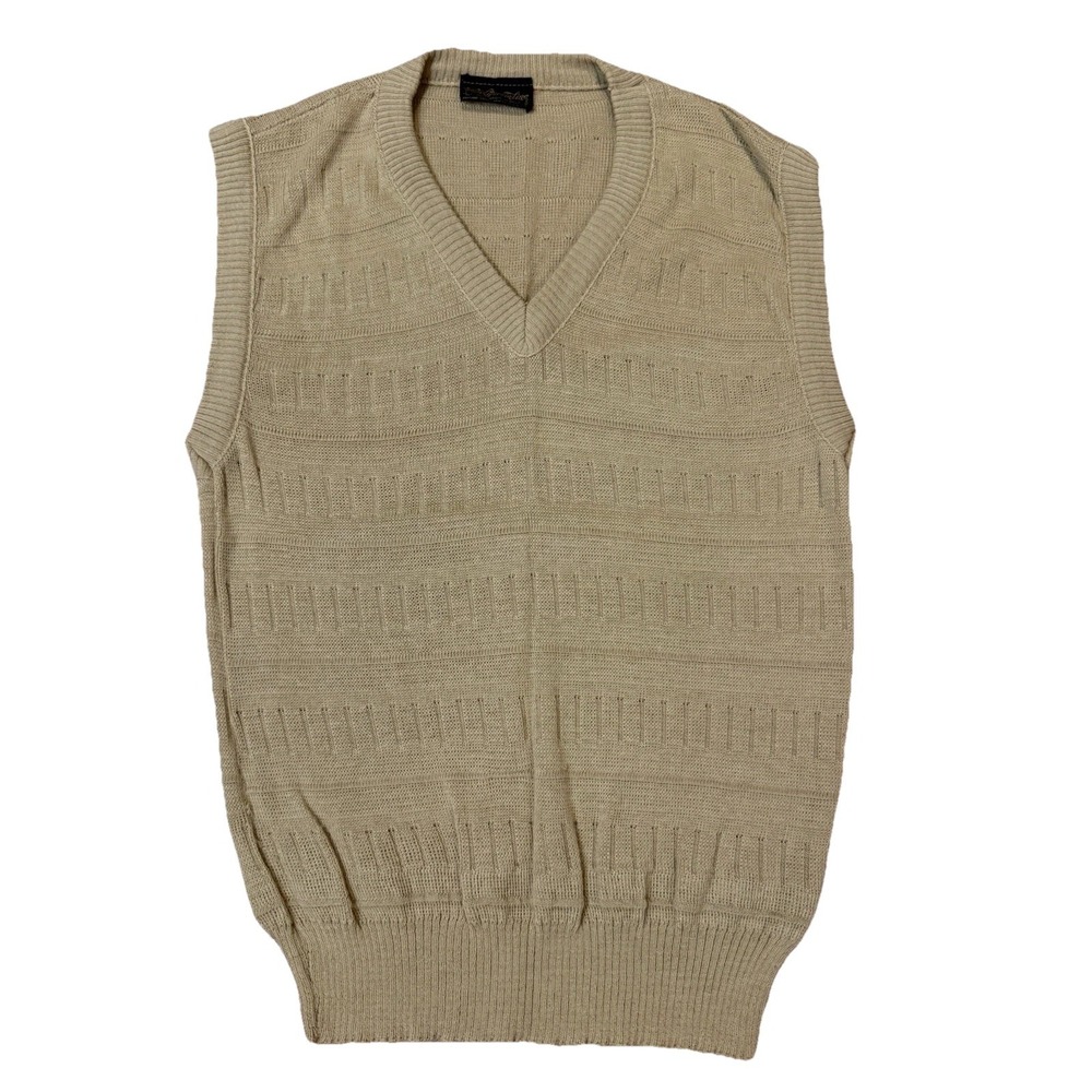 Vintage 70s 80s Men's Sweater Vest Customline Tan V-Neck Virgin Acrylic Sz LG